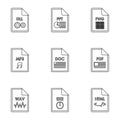 Document types icons set, outline style