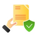 Document verified in hand flat icon. Checked agreement color icons in trendy flat style. Form with tick gradient style