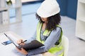 Document, writing and construction worker or engineer black woman paperwork, insurance checklist and logistics Royalty Free Stock Photo