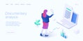 Documentary analysis in isometric vector illustration. Document qualitative research with woman looking through magnifier. Web Royalty Free Stock Photo