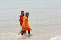 Documentary editorial. DANUSHKODI, PAMBAN ISLAND, TAMIL NADU, INDIA - March circa, 2018. Unidentified young women girl couple taki