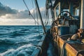 documentary footage of a fishing boat, a trawler at work, in the ocean, industrial photography in northern waters. fishermen at Royalty Free Stock Photo