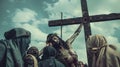 Documentary image style of the crucifixion scene on Calvary. Capture Jesus Christ on the cross.