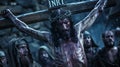 Documentary image style of the crucifixion scene on Calvary. Capture Jesus Christ on the cross.