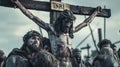 Documentary image style of the crucifixion scene on Calvary. Capture Jesus Christ on the cross.