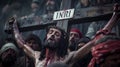 Documentary image style of the crucifixion scene on Calvary. Capture Jesus Christ on the cross.