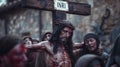 Documentary image style of the crucifixion scene on Calvary. Capture Jesus Christ on the cross.