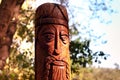 This is a documentary image of wooden idol of the Slavic god carved on, September 2020, Ukraine, Kyiv. The image