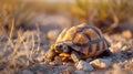 a documentary photo of An adorable tortoise crawling in dry desert, turtle in desert Royalty Free Stock Photo