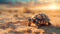 a documentary photo of An adorable tortoise crawling in dry desert, turtle in desert Royalty Free Stock Photo