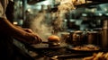 Chef sprinkling cheese on tasty cheeseburger in fast food restaurant