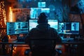 Docum a hacker working in a dimly lit room surrounded by multiple screens displaying code exploring the darker Royalty Free Stock Photo