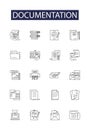 Documentation line vector icons and signs. Papers, Reports, Manuals, Instructions, Evidence, Logs, Guides, Histories
