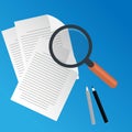 Magnifying glass, paper documents and pens