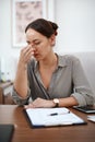 Documents, headache and business woman in office with career burnout, mental health risk and paperwork. Brain fog Royalty Free Stock Photo