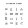 Documents, identity vector flat line icons. ID cards, passport, press access student pass, visa, migration certificate