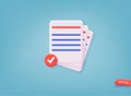 Documents papers icon. Stack of sheets with approval check mark. 3D Web Vector Illustrations Royalty Free Stock Photo