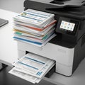 Documents and papers rests atop the printer featuring various Royalty Free Stock Photo
