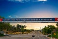 Dodgers Stadium banner at sunset