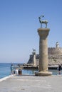 Doe statues in Rhodes harbor at Mandraki in Rhodes Greece.The site is believed to be where the statue of The Colossus once stood