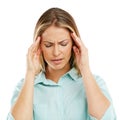 Does anyone have a headache tablet. an unhappy woman with a headache against a white background.