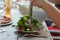 It doesnt get fresher than this. an unidentifiable young man serving salad at a dinner party with friends. Royalty Free Stock Photo