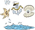 Cartoon oyster, waves, anchor and starfish vector illustration Royalty Free Stock Photo