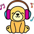 Happy smiling baby dog puppy with headphones. Kawaii cartoon