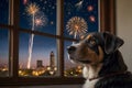 Dog Afraid of Fireworks Looking Through Window Portrait Royalty Free Stock Photo