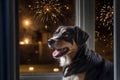 Dog Afraid of Fireworks Looking Through Window Portrait Royalty Free Stock Photo