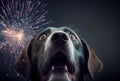 The dog is afraid and shocked by the sound of fireworks with sky background. Pet and animal concept. Digital art illustration.