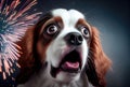 The dog is afraid and shocked by the sound of fireworks with sky background. Pet and animal concept. Digital art illustration.