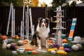 dog agility equipment setup in a backyard Royalty Free Stock Photo