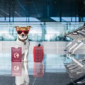 Dog in airport terminal on vacation Royalty Free Stock Photo