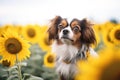 dog on alert in a field of sunflowers Royalty Free Stock Photo