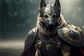 Dog animal portrait dressed as a warrior fighter or combatant soldier concept. Ai generated