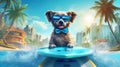 dog animal wave puppy summer vacation funny surfer ocean beach. Generative AI.