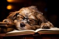 Dog asleep reading. Generate Ai