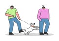 Dog attack man during walk with owner. Cartoon canine on leash barking and biting human