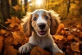 dog in autumn : A beautiful dog walking and running. Generative AI