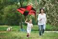 Dog is at background. Positive female child and grandmother running with red and black colored kite in hands outdoors