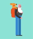 Dog in backpack old man. Grandfather and Pet vector illustration Royalty Free Stock Photo