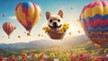 dog with balloons A jovial puppy with a beaming smile, sitting in a blue hot air balloon