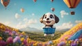 dog with balloons A jovial puppy with a beaming smile, sitting in a blue hot air balloon shaped like a basket