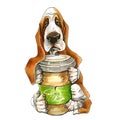 A dog of Basset Hound breed. puppy. A dog with a glass of coffee