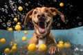 dog bath time with shampoo bubbles and rubber duck Royalty Free Stock Photo