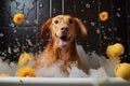dog bath time with shampoo bubbles and rubber duck Royalty Free Stock Photo