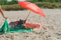 Dog on the beach, on the beach under an umbrella Royalty Free Stock Photo