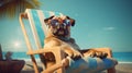 Dog on beach chair wearing sunglasses