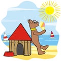 Dog on beach by doghouse, funny vector illustration